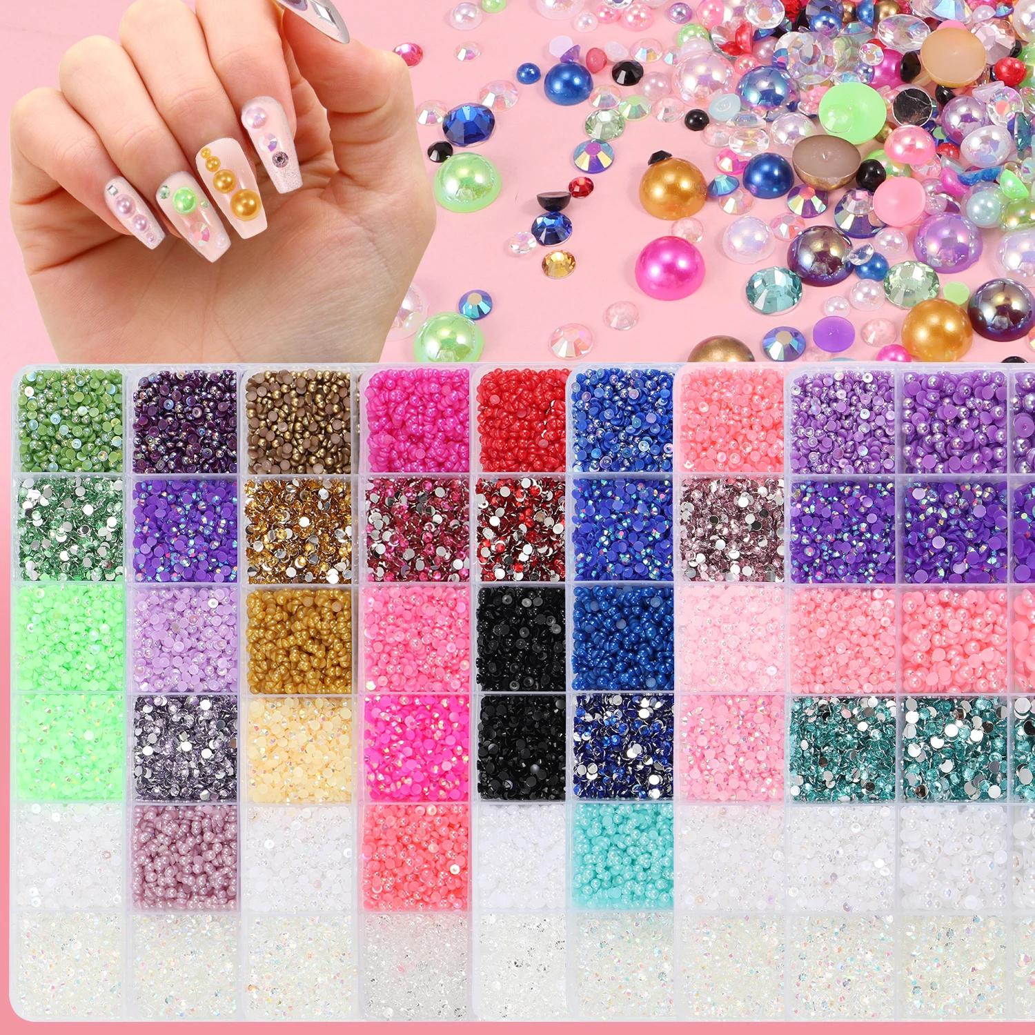 24 Grid/Box 3-8mm Mixed Color Semi-Circular Pearls&Resinstones&Glue Tool Set for DIY Nail Art,Beauty Makeup,Clothing,Jewelry