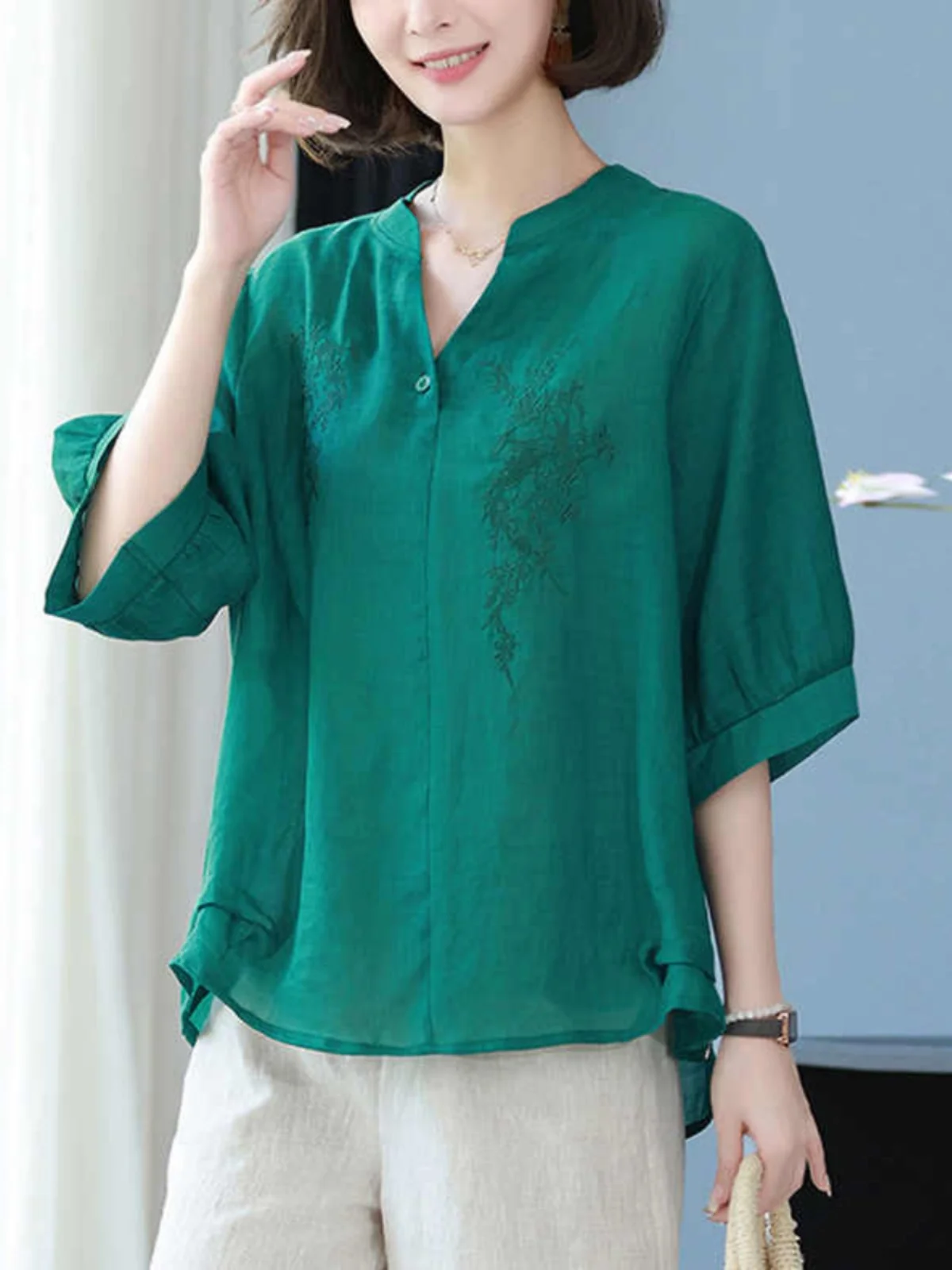 

Летняя женская рубашка из хлопка и льна с коротким рукавом, большие размеры, новинка 2023 года, высококачественная шелковая рубашка с рукавом 3/4