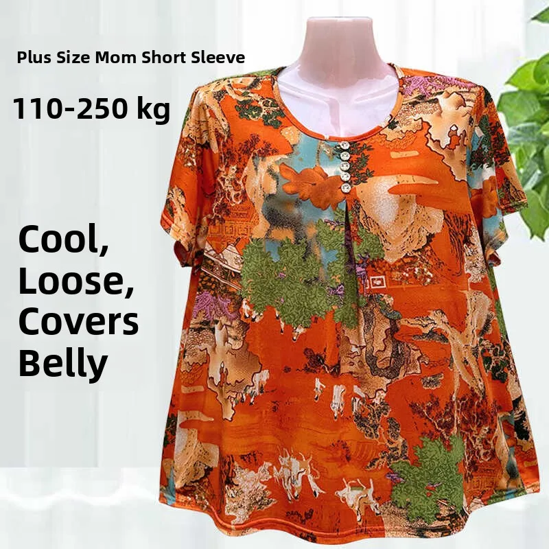 تي شيرت فضفاض بأكمام قصيرة من قماش الهيمب مقاس كبير مريح للصيف للنساء في منتصف العمر وكبار السن يغطي البطن