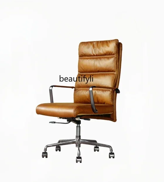 

C Office Comfortable Home High Backrest Lazy Retro Leather Boss Chair Computer Chair