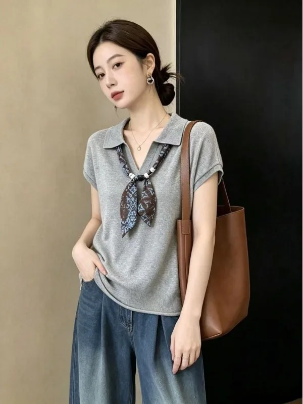 

plus Size Casual Grey Neck Short Sleeve Knitted Sweater Slimming Top for Women Lightweight Breathable Comfortable Fit