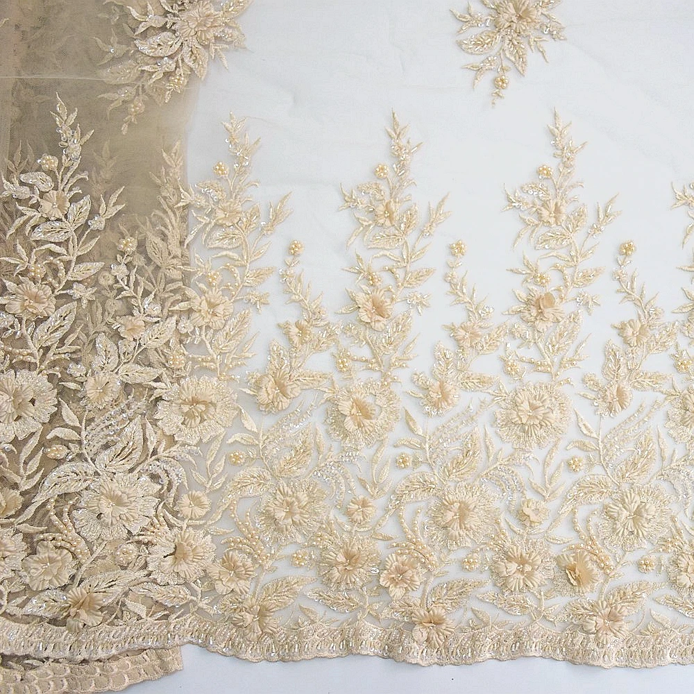 1 Yard  Hot Sale African Hand 3D Cream Lace Fabric Flowers Embroidery Pearl Beading Tulle Sequins Wedding Dress HY0614