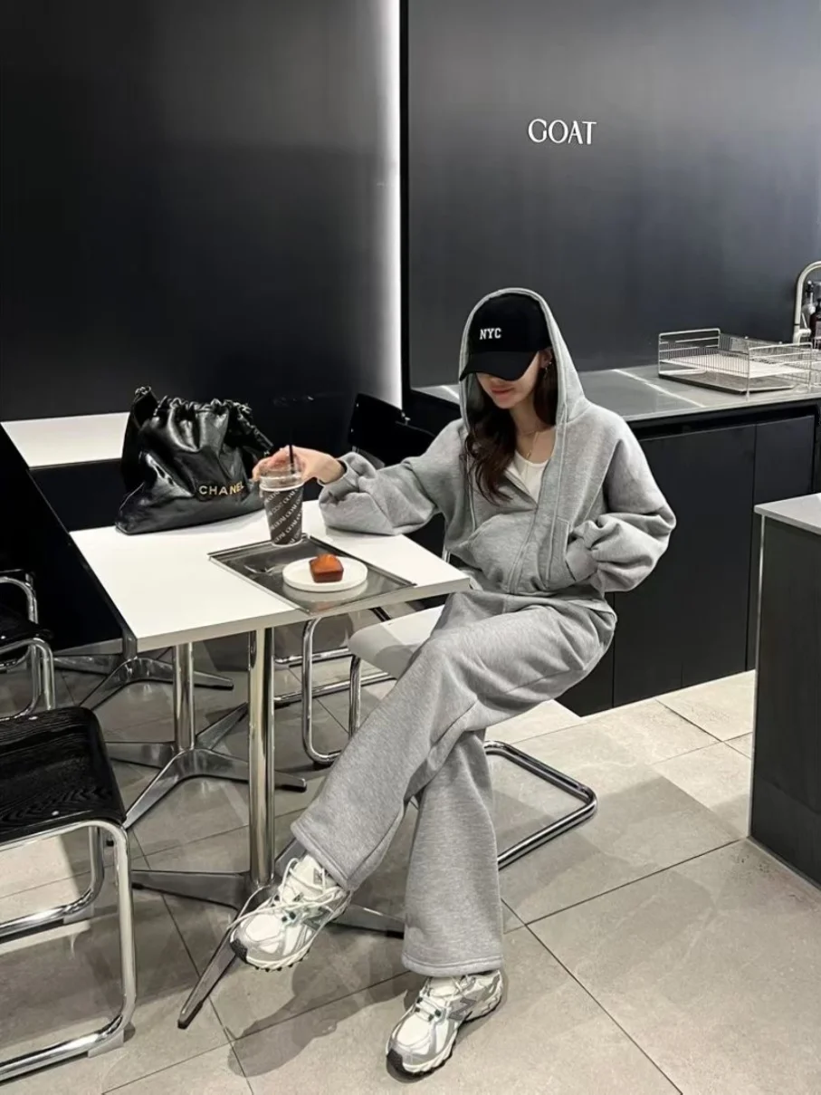 Felpa con cappuccio da donna Cardigan Pantaloni larghi larghi a gamba dritta Set Cerniera ort Versatile Dstring Vita Primavera Faion