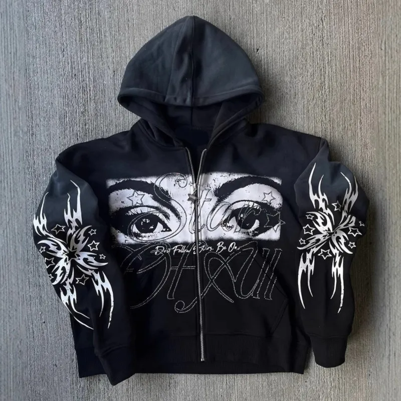 

European and American Street Trend Personalized 3D Printed Zipper Sweatshirt Retro Y2K Long sleeved Cardigan Hooded Jacket Coat
