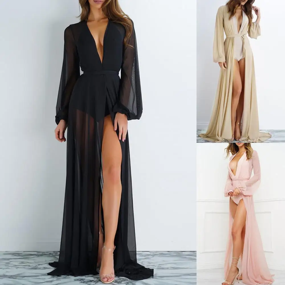 Breathable Mesh Cardigan Female Solid Color Floor Length Elegant Thin Ladies Cover up Cover up Sun Protection