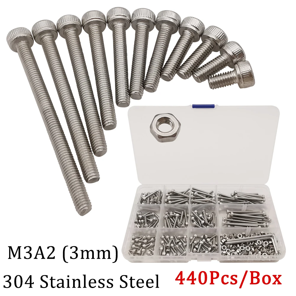 

440Pcs/Box M3 (3mm) A2 Screws Nuts 304 Stainless Steel Allen Hexagon Hex Socket Cap Head Screw Bolt Wrench Nut Assortment Kit