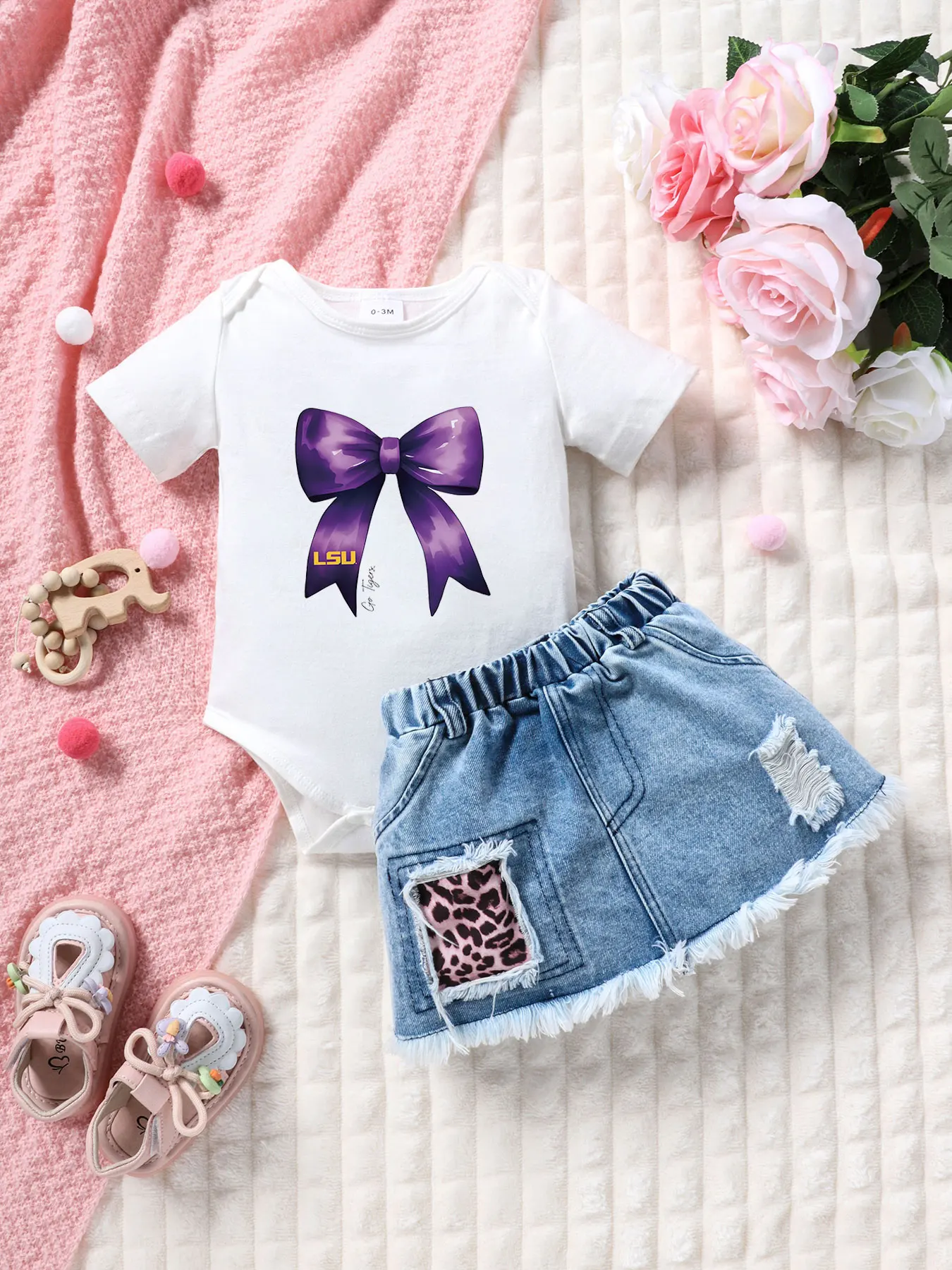 

Summer Baby Girl LSU Purple Bowtie Denim Skirt Set Infant Bottom Cover + Leopard Print Hole Denim Short Skirt Two-Piece Set