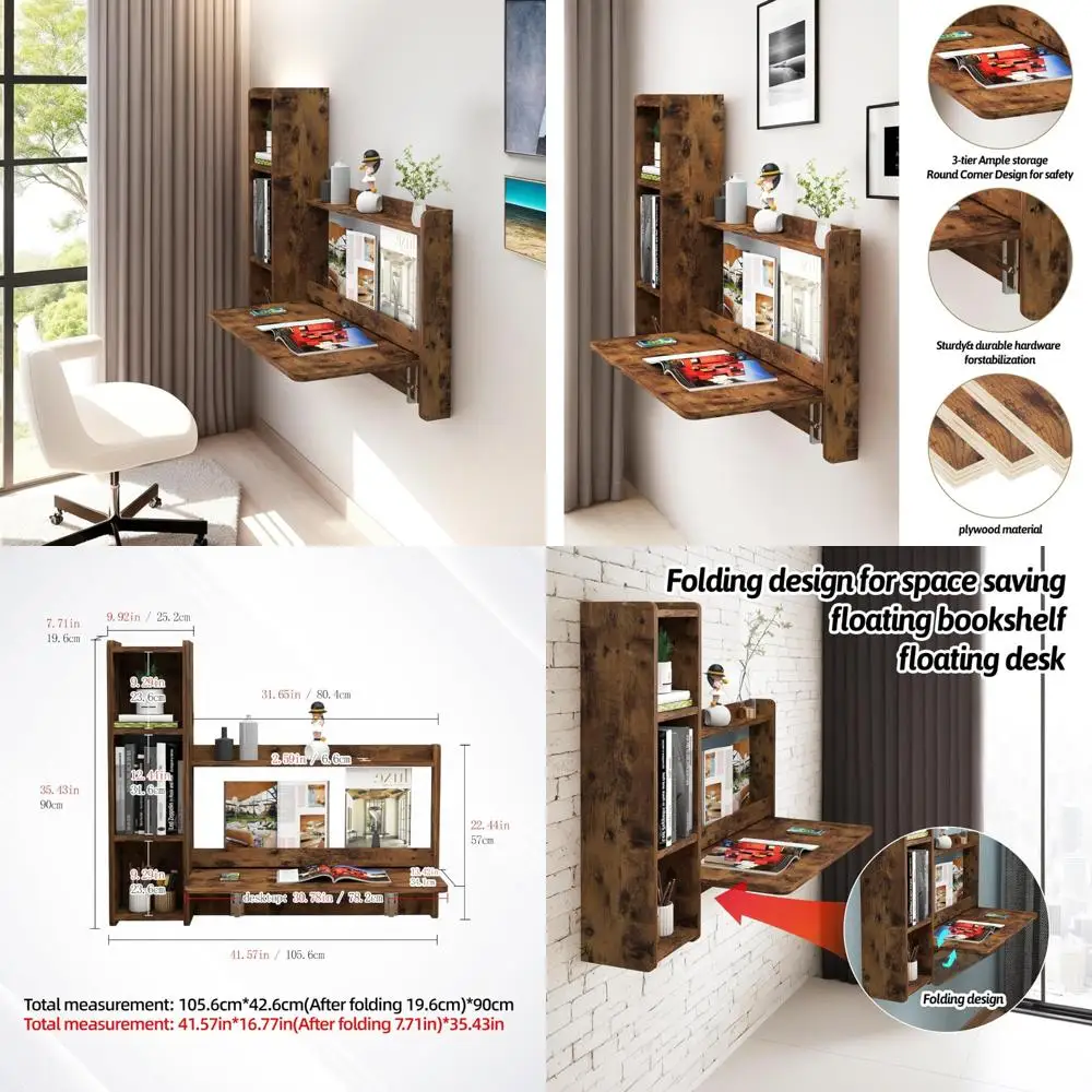 

L-Shaped 41-inch Wall-Mounted Folding Desk with Storage for Laptop and Computer Use