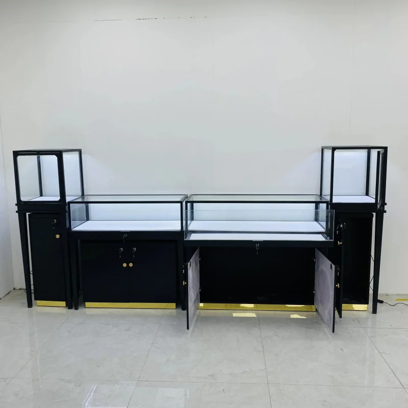 

Customize.Jewelry Combination Display Cabinet Black Gold Style Glass Display Cabinet Large Capacity Storage Drawer