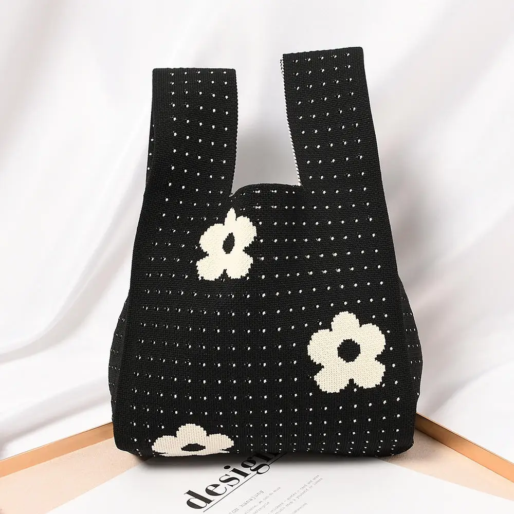 Bolso de mano de punto hecho a mano para mujer, Mini bolso de muñeca con nudo, bolso de mano informal a cuadros de rayas anchas, bolso de compras reutilizable para estudiantes