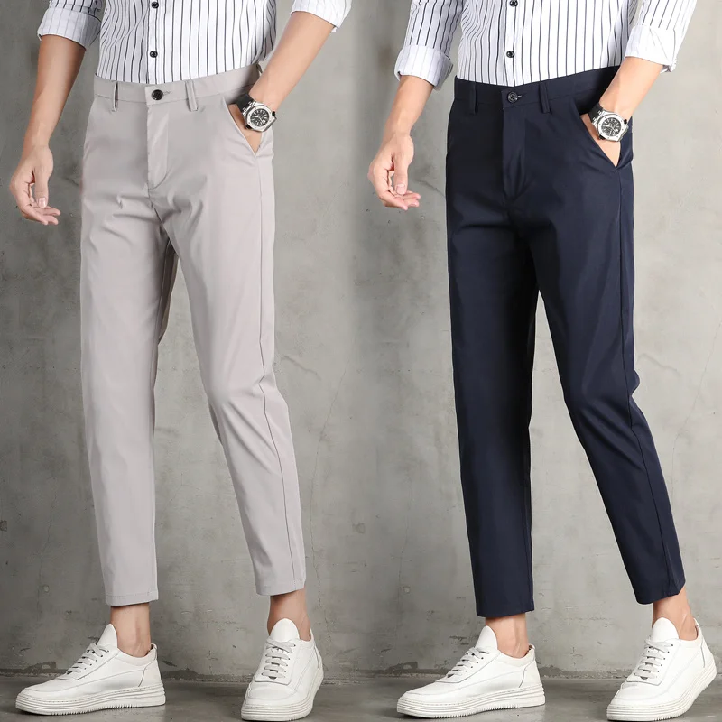 Spring Summer Ice Silk Thin Casual Young Men\'s Slim Fit Suit Pants Solid Button Zipper Pockets Versatile Straight Loose Trousers