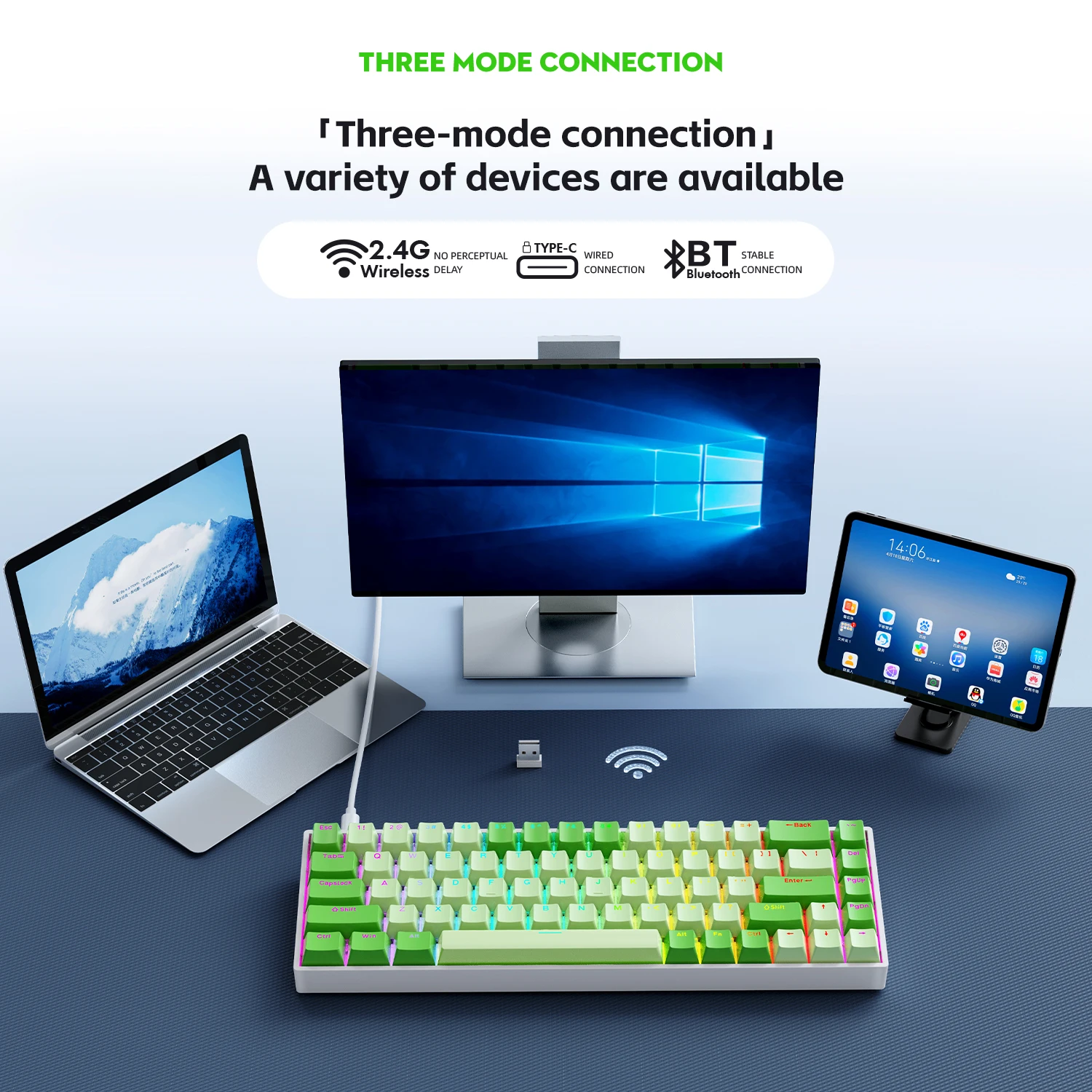 Tri-Mode Mechanical Keyboard 2.4G/Wired/Bluetooth Keyboard 2.4G Wireless Keyboard 68 Keys RGB Gaming Keyboard Ergonomic Keyboard