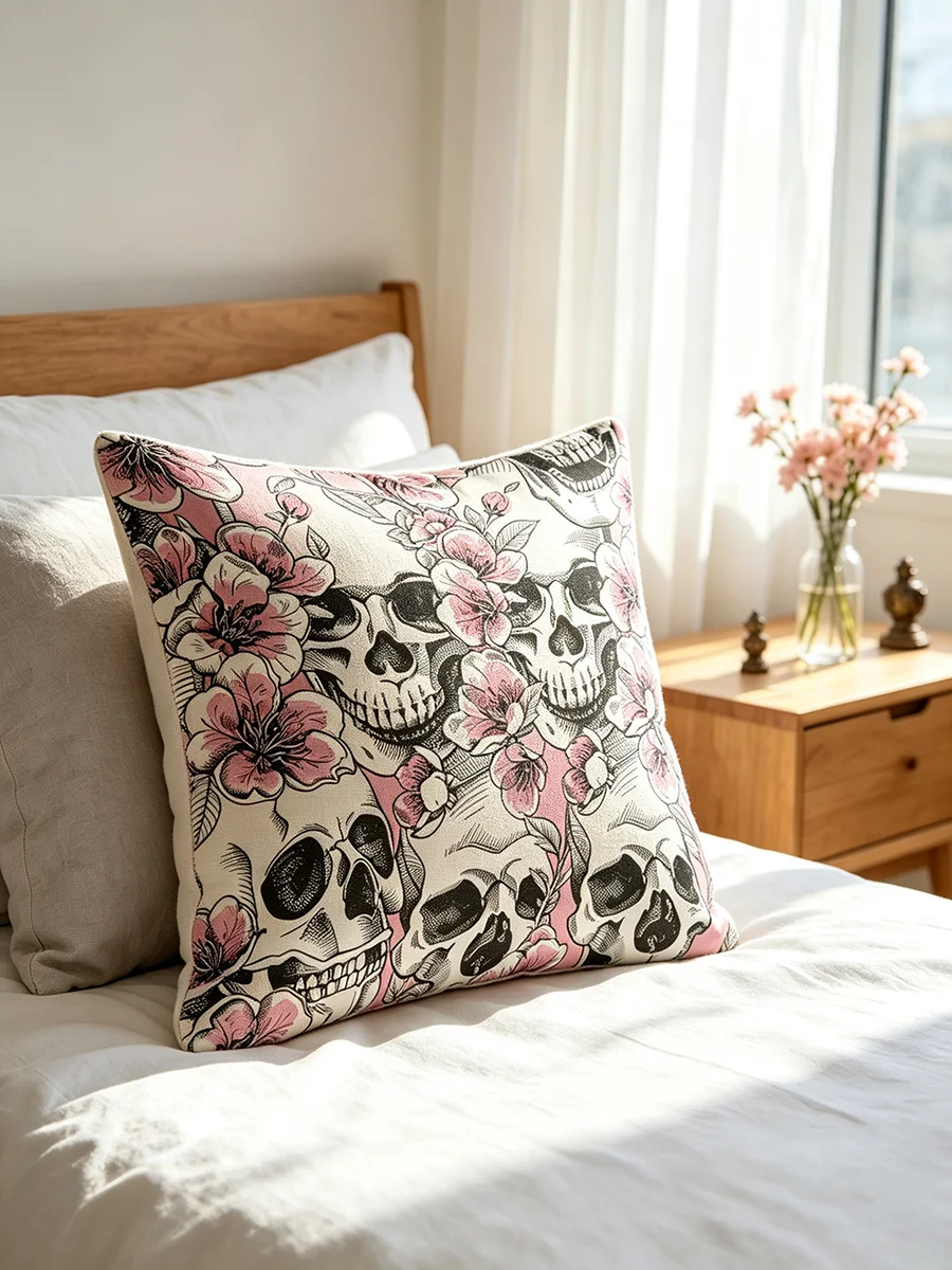 1PCS Digital Print Pillow Covers, Cushion Covers, Sweet Gothic Skulls with Pink Cherry Blossoms Edgy Cute Halloween Home Decor