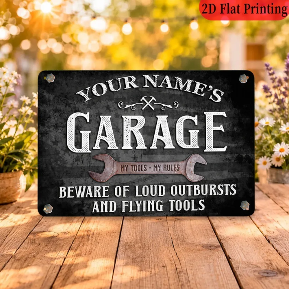 [2D Flat] 1pc Personalized Name Retro Garage Beware Flying Tools Funny Tin Sign Decor (Only For Decoration) view 2