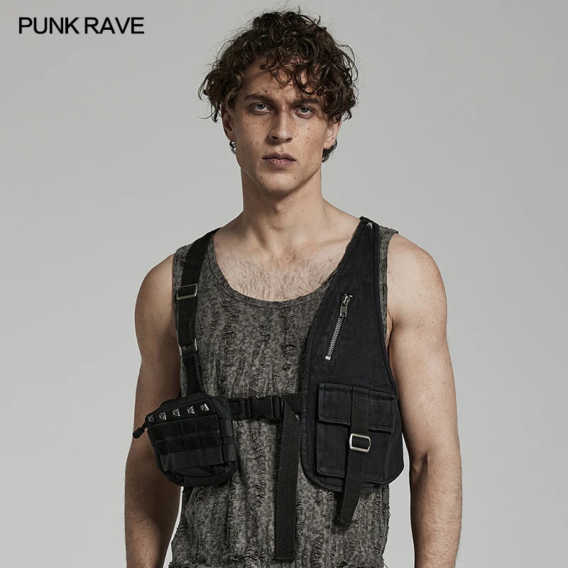 

PUNK RAVE Men's Doomsday Punk Asymmetric Shape Vest Design Sense Detachable Bag on The Right Side Accessory Four Seasons