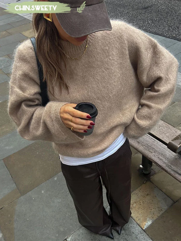 Women Solid Mohair Soft Knitted Loose Pullover Casual O-neck Long Sleeve Loose Sweater 2024 Autumn Warm Ladies Street Knitwear