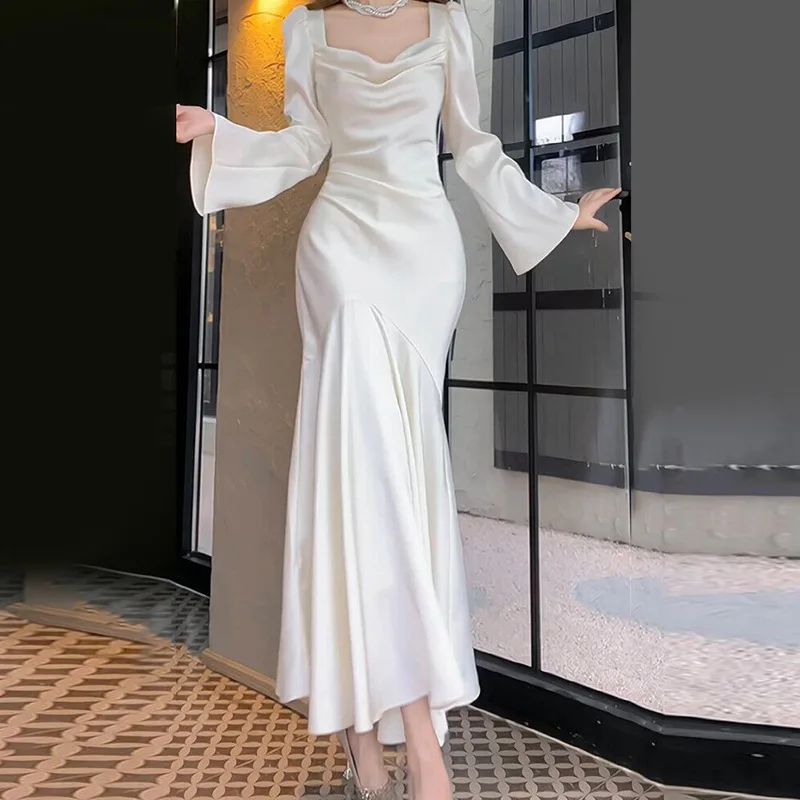 Simple And Elegant Light Satin Mermaid Wedding  Square Collar Long Flare Sleeves Bridal Dresses Gowns Vestido Novia Customized