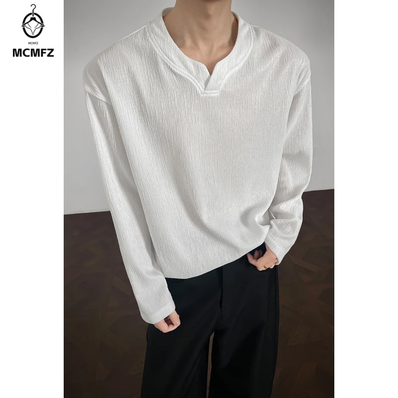 Men Breathable Crinkle Pleated Long Sleeve Top Notched V Neck Oversized Silhouette For Multi Occasion Autumn Dressing