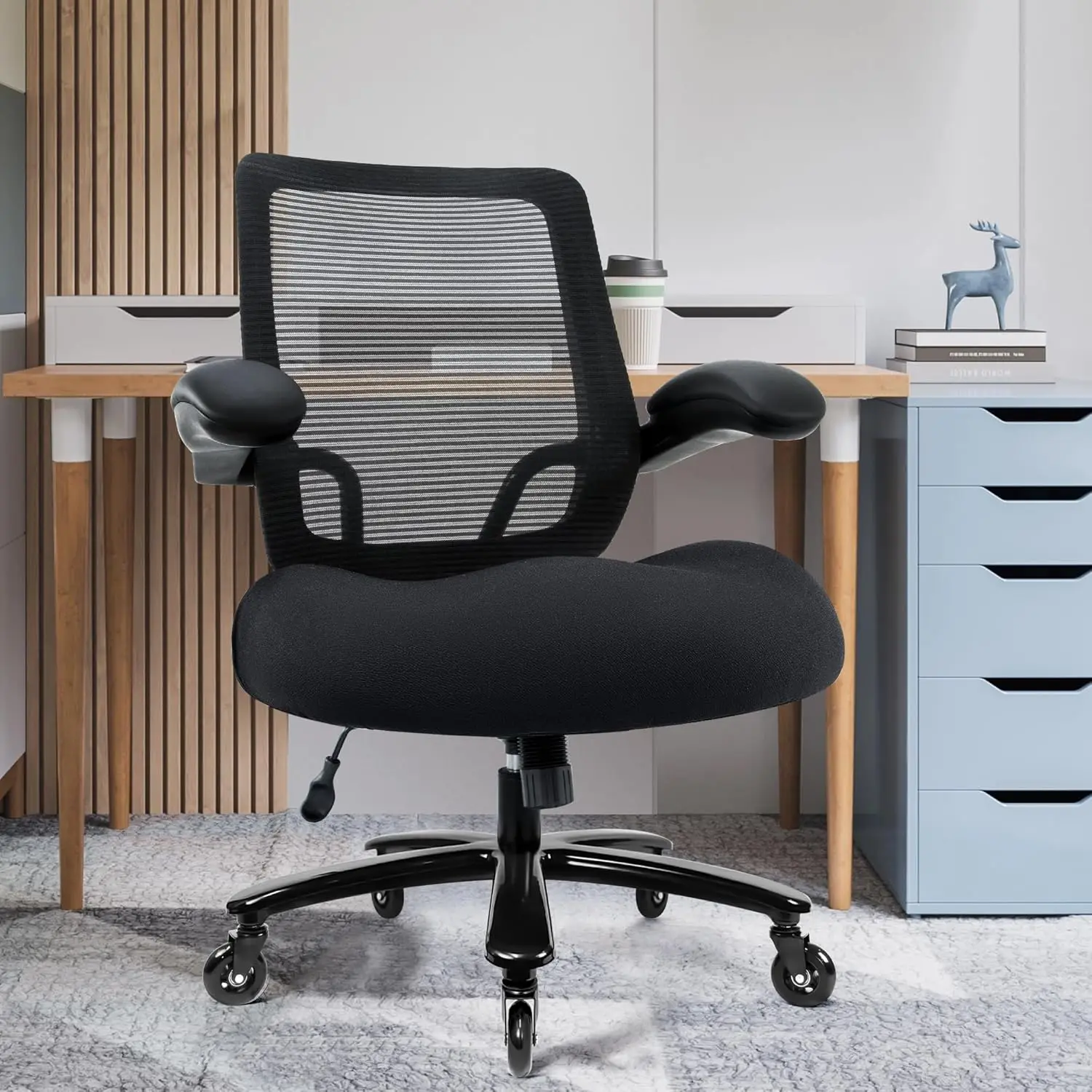 500lbs Heavy Duty Mesh Office Chair - Ergonomic High Back Desk Chair with Flip-up Armrests & Quiet Wheels