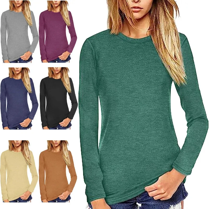 

Autumn Women's New2025Women's Solid Color Stretch Slim Fit Pullover round NeckTT-shirt