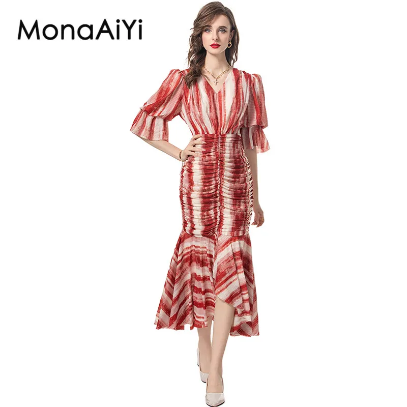 

MonaAiYi Summer Women's Mermaid Dress Flare Sleeved Pretty Slim-Fit Hip Wrap Hot Diamond high Quality Dresses