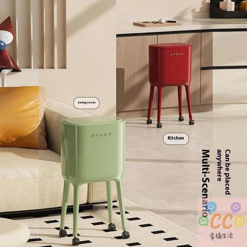 

2025 HUA HUA No-Bend High-Leg Trash Can With Press-to-Open Lid - Large Capacity Oval Kitchen & Living Room Bin, Durable Plastic