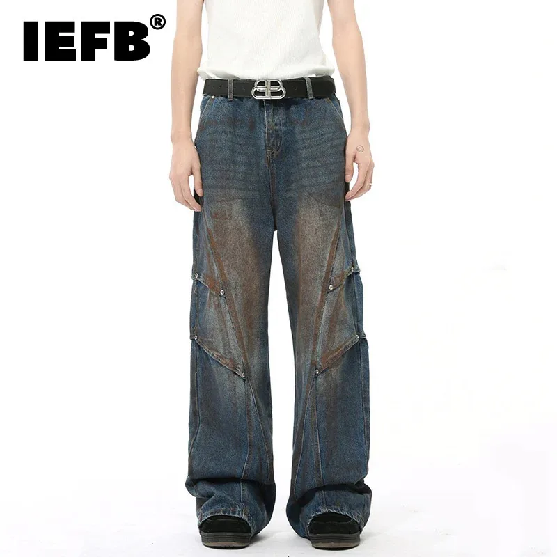 IEFB High Street Men's Denim Pants Washed Worn-out Splotch Straight Bottom Wide Leg Contrast Color Male Jeans New Autumn 9C8085