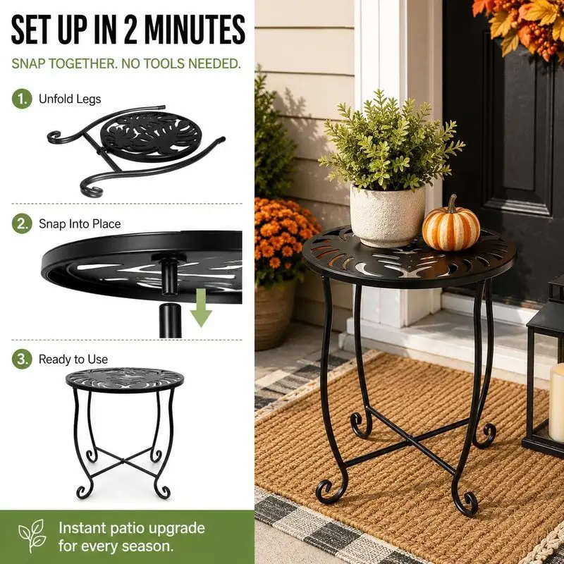 15Inch outdoor metal side table, tool-free installation, monstera design, space-saving, round stand, for balcony and garden use