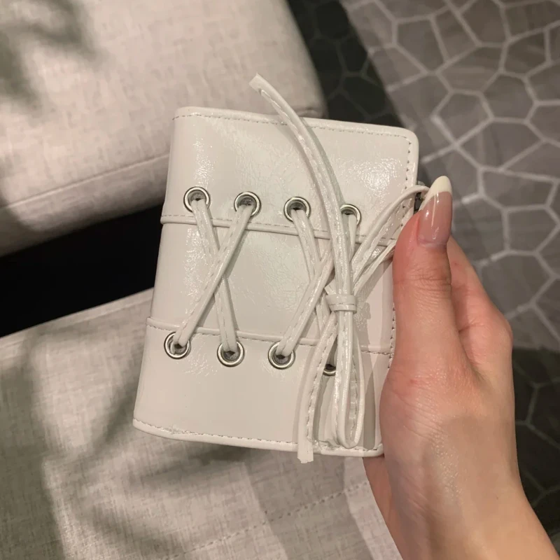 Lace-up Faux PU Bi-fold Wallet for Women, Multi-card Slots ID Window, Side Zipper Coin Pocket, Mini Portable Student Purse