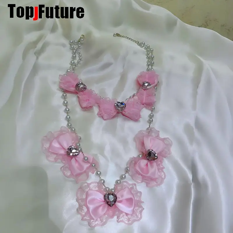 Y2K Coquette Subculture Shibuya Hime Gyaru Lace Trim Bow Heart Rhinestone Pearl Necklace Harajuku Sweet Lolita Women  Jewelry