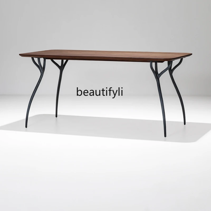 Modern Minimalist Creative Nordic Retro Style Solid Wood Dining Table Metal Walnut Rectangular Table