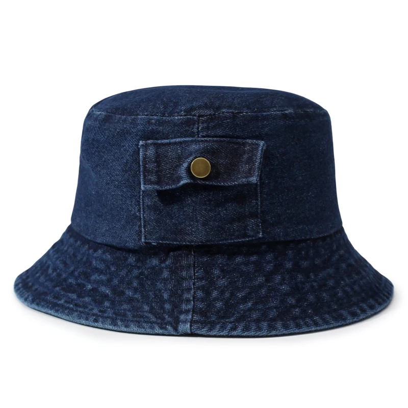 Women's Spring & Summer New Vintage Denim Short Brim Bucket Hat with Pocket - Japanese Washed Fashion Sun Hat