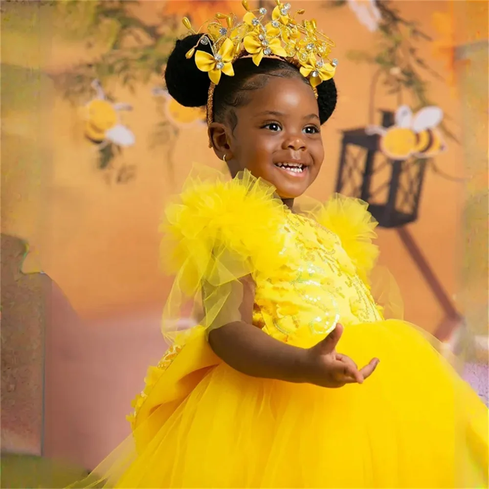 Yellow Beauty Pageant Flower Girl Dresses Short Sleeve Tulle Princess Ball Gowns Girls First Birthday Party Dress For Wedding