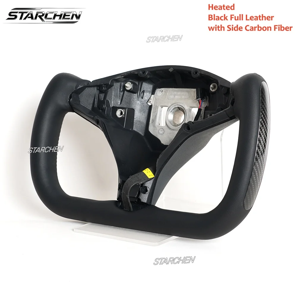 Black/ White Full Leather Heated Yoke Steering Wheel for Tesla Model X 2016-2020 Model S 2014-2020 W/ Side Carbon Fiber