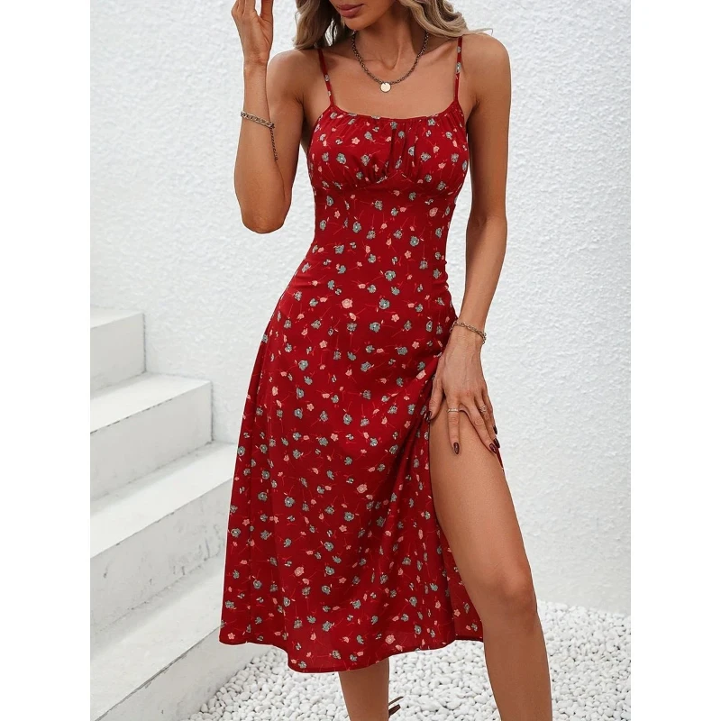 Sexy slipjurk met bloemenprint, off-shoulder, zomerse nieuwe trend, slanke, all-match midi-jurk, vintage mode dameskleding