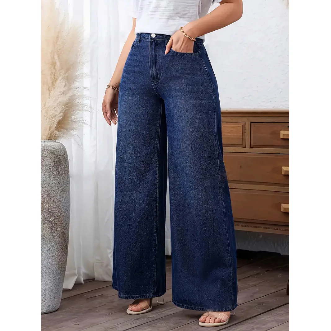 Women Wide Leg Pants Washed Streetwear Loose Pockets Denim Pant Solid Simple Trousers Distressed Jeans Straight Autumn Winter