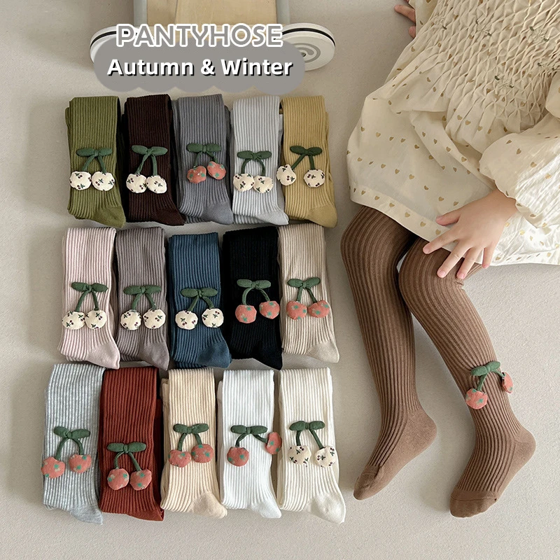 2023 neue Baby Mädchen Strumpfhosen Cartoon Kirsche Zubehör Weiche Baumwolle Mädchen Strumpfhosen Herbst Winter Doppel Nadel Hosen Strumpfhosen