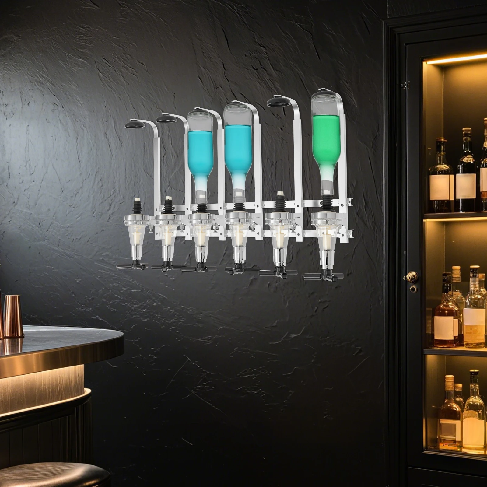 

6-Bottle Wall Mounted Liquor Dispenser, Vintage & Industrial Style, Aluminum Alloy & ABS, No Assembly Needed, 30ml Precise Pour