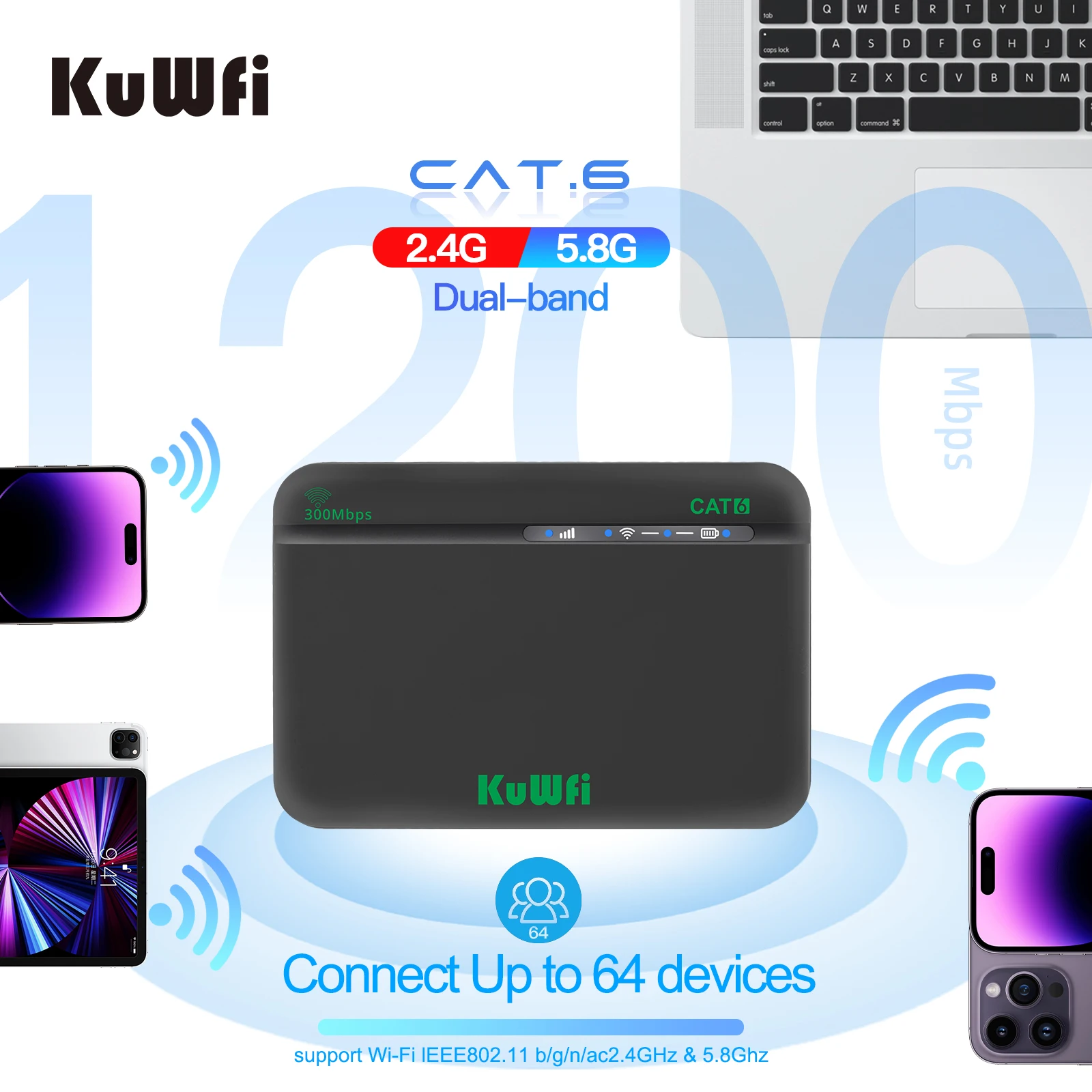 جهاز توجيه C802 المحمول 4G LTE Cat6، سرعة عالية 300 ميجا بت في الثانية، واي فاي مزدوج النطاق، دعم VPN للأعمال الآمنة/السفر، 64 جهازًا