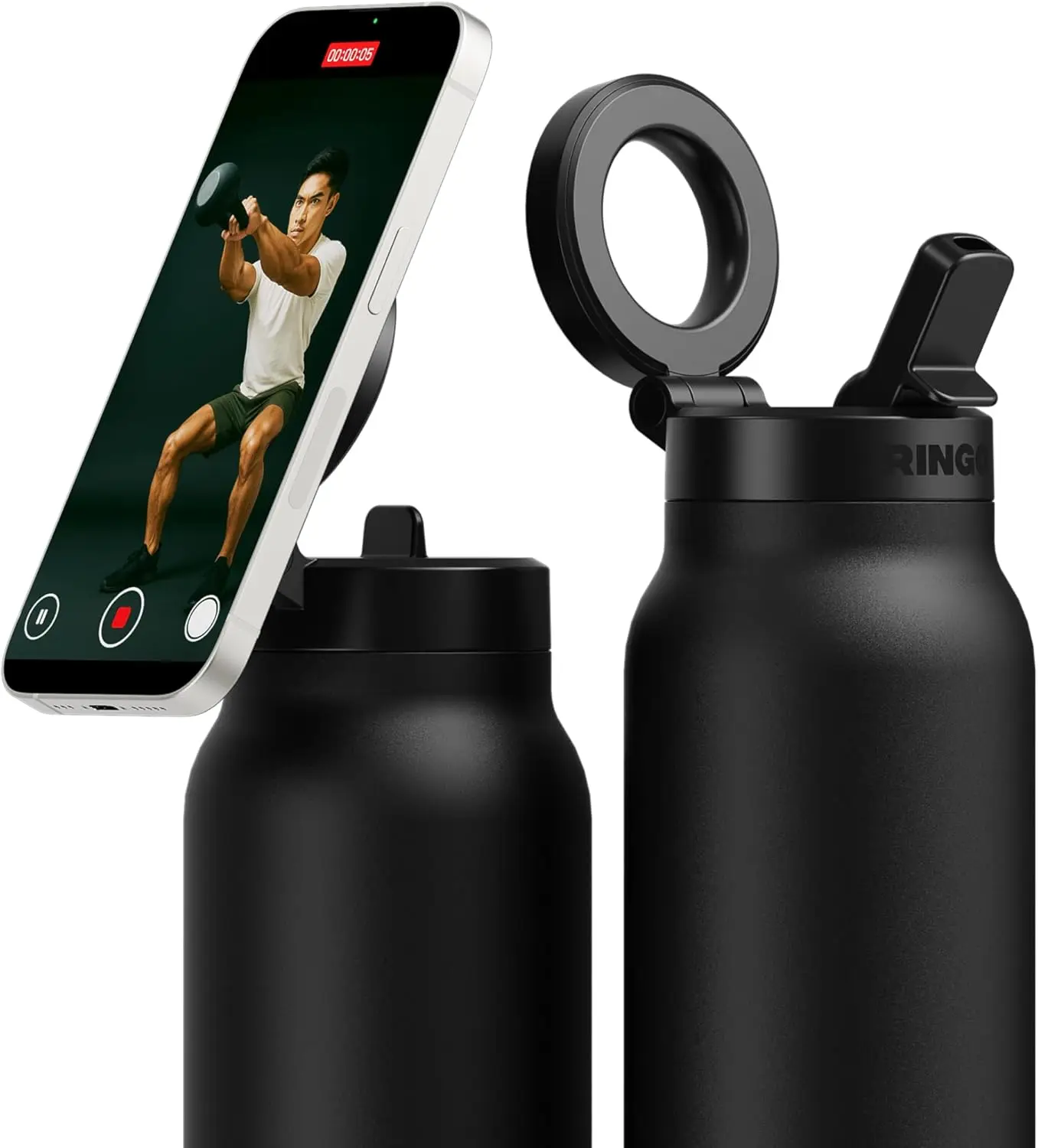 

Insulated Stainless Steel Water Bottle with Magnetic Phone Mount & Sip Straw Lid, 12Hrs Hot/24Hrs Cold, 24oz Black
