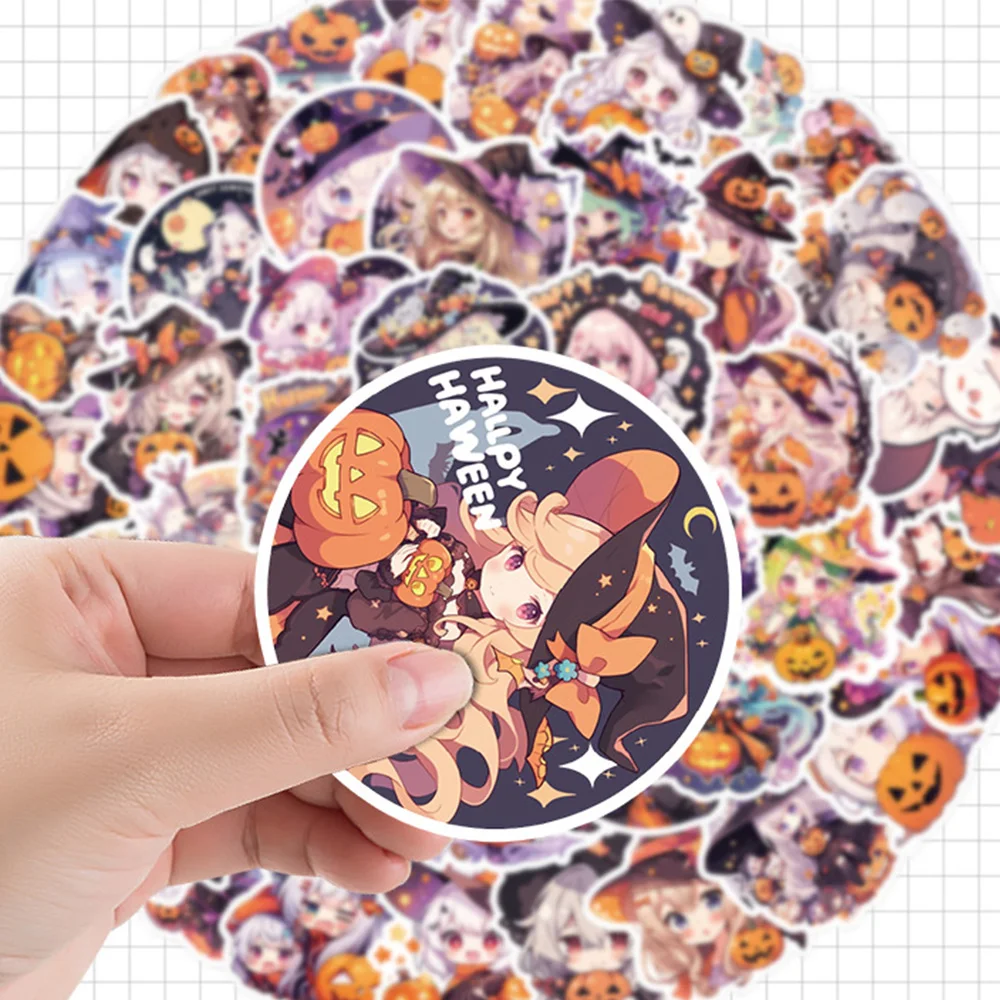 Kawaii Halloween Anime Girl Adesivos, Decalques Bonitos para Crianças, Brinquedos Telefônicos, Skate, Caderno, Decoração Adesivo Graffiti dos Desenhos Animados, 10 Pcs, 30 Pcs, 50Pcs