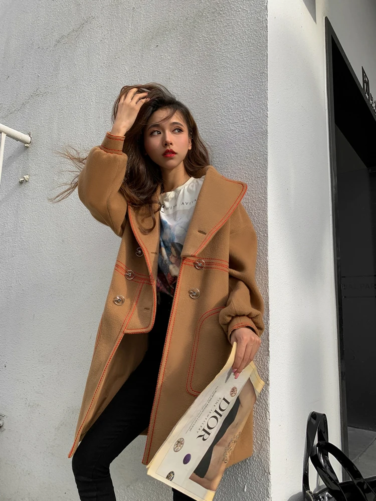 

Верхнее пальто с 3D-вышивкой средней длины Jaet Earth Store Design Sense Шерстяная верхняя одежда Briti Sle Двубортный Lant...