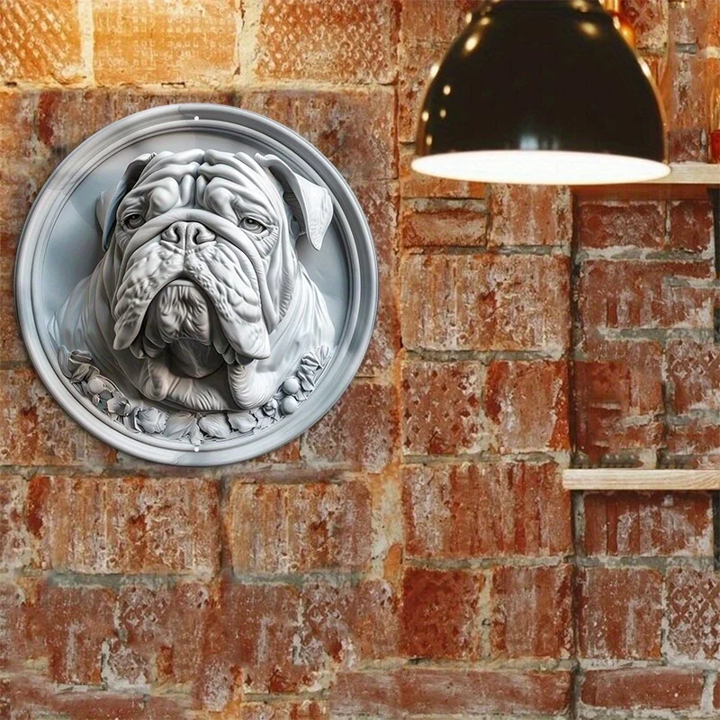 English Bulldog Metal Art, Round Aluminum Sign, Door Hanger, Wall Decor, Wreath Sign, Home Decoration, Pet Lover Gift, 8x8in 1PC