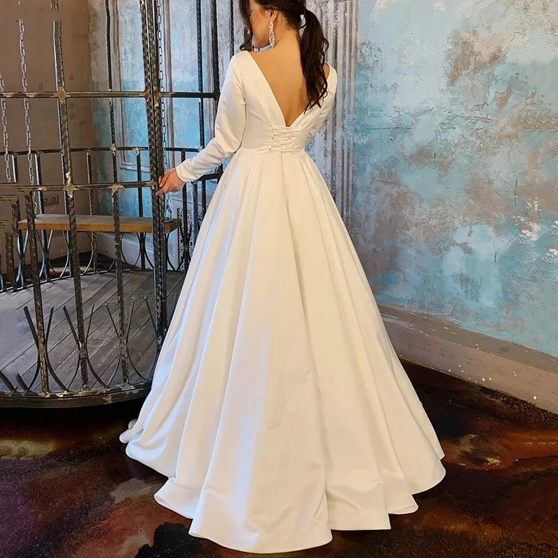 Robe De mariée blanche en Satin, manches longues, col rond, pour femmes, longueur au sol, élégante, 2023