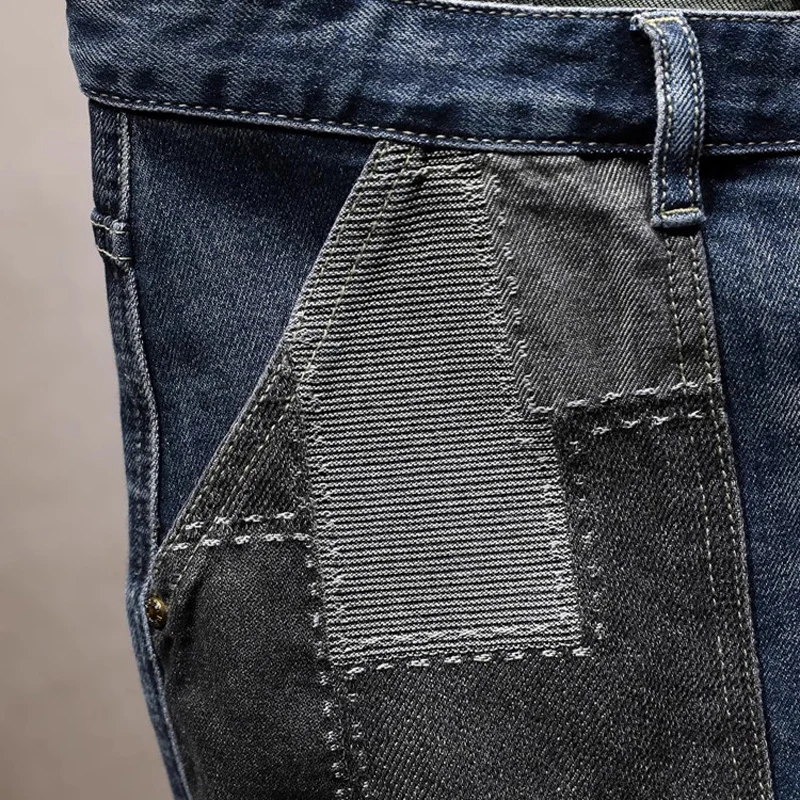 Jeans Pria Perancang Busana Jeans Robek Tambalan Slim Fit Biru Dicuci Retro Celana Denim Antik Y2K Hip Hop Sambungan Pria