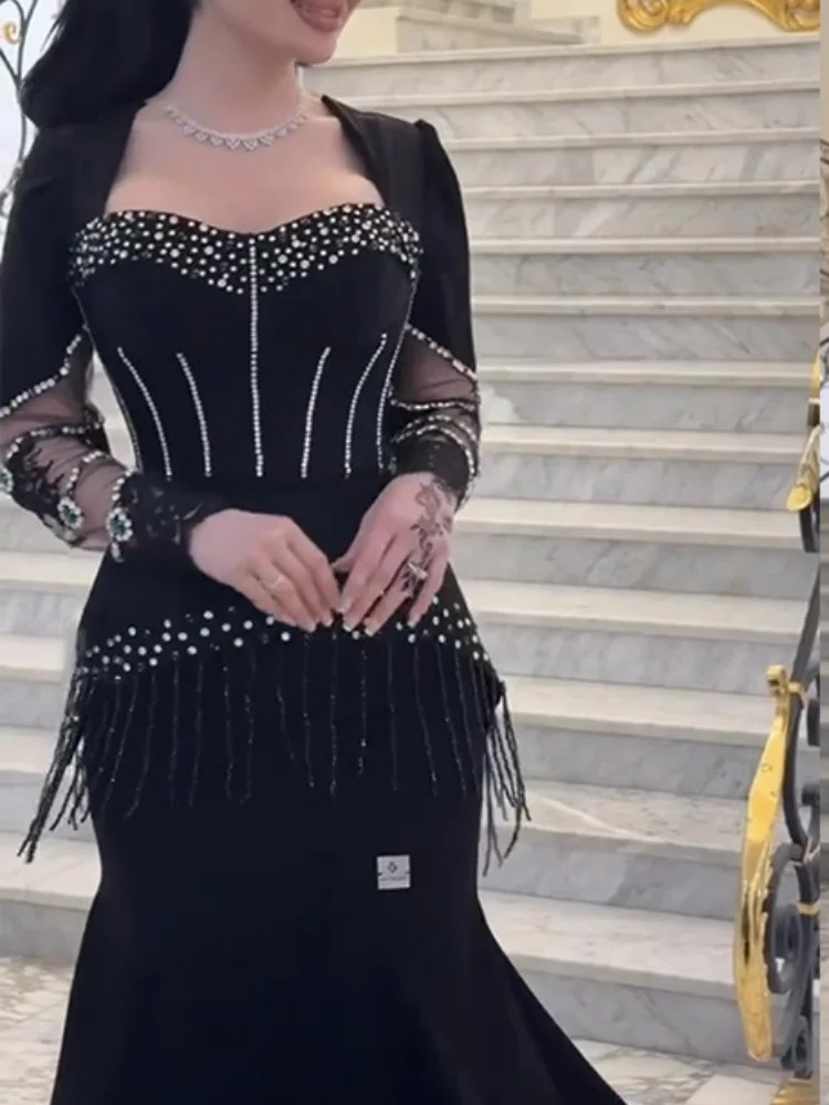 

2025 Women Celebrity Sexy Long Sleeve Tassel Diamonds Black Dress Elegant Evening Party Club Outfit Vestido