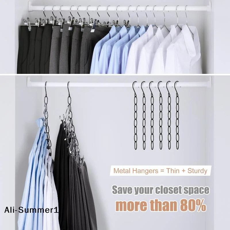 【E】1/5Pcs Space Saving Metal Clothes Hanger Chain 8 Slots Hold Multiple Garments For Small Closet Dorm Apartment Storage