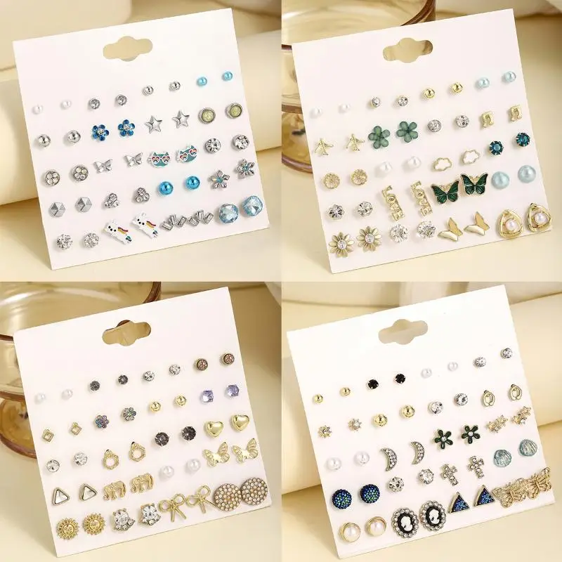 18/20 Pairs Women Colorful Acrylic Crystal Small Stud Earrings Sets Girl Heart Star Flower Moon Crown Plastic Earring Jewelry