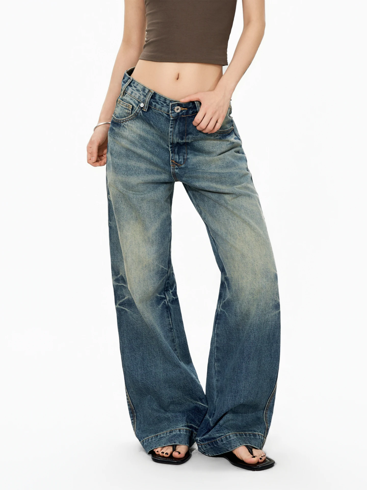 

S3T5 Vintage Washed Distressed Wide Leg Jeans Casual Loose Commuter Trousers for Men And Women Comfortable Stretch Denim