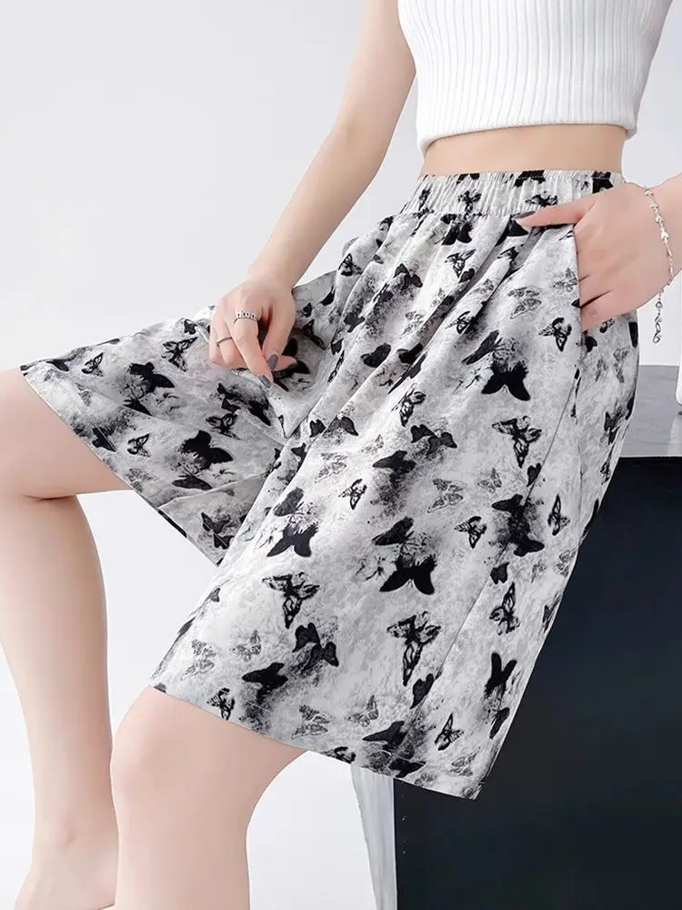 Pantaloncini casual a farfalla in seta di ghiaccio Pantaloncini bermuda slim fit a vita alta larghi estivi in seta di ghiaccio